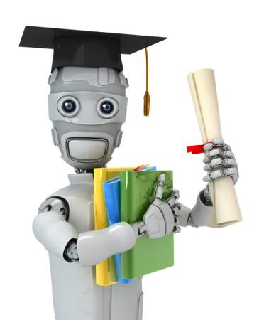 laureato, robot, carta, diploma, i file, i libri, cappello Vladimir Nikitin - Dreamstime