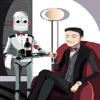 Pixwords L`immagine con robot, uomo, vino, vetro Artisticco Llc - Dreamstime