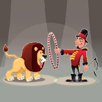 Pixwords L`immagine con leone, uomo, cerchio, circo, animale Danilo Sanino - Dreamstime