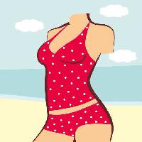 Pixwords L`immagine con donna, corpo, rosso, tuta, bagno, spiaggia, acqua, nubi, vestiti Anvtim