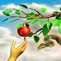 Pixwords L`immagine con mela, il serpente, ramo, verde, foglie, mano Andreus - Dreamstime